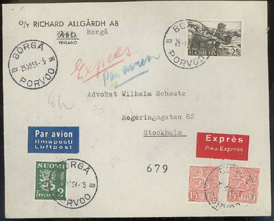 1954 Edefelt + M30 2mk +2xM54 15mk pika-lentokirje Ruotsiin