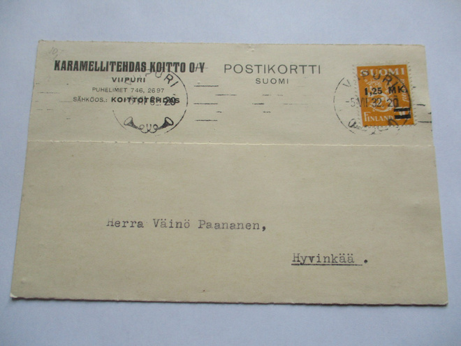 1932 Viipuri Karamellitehdas Koitto liikekortti