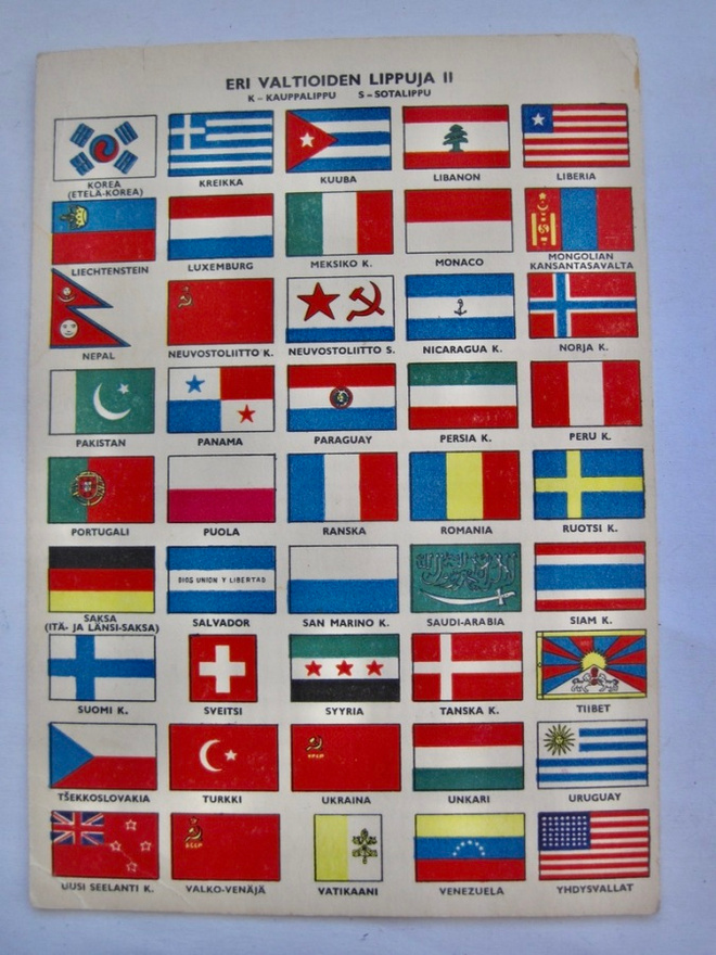 VANHA Postikortti Eri Maiden Lippuja 1950-l