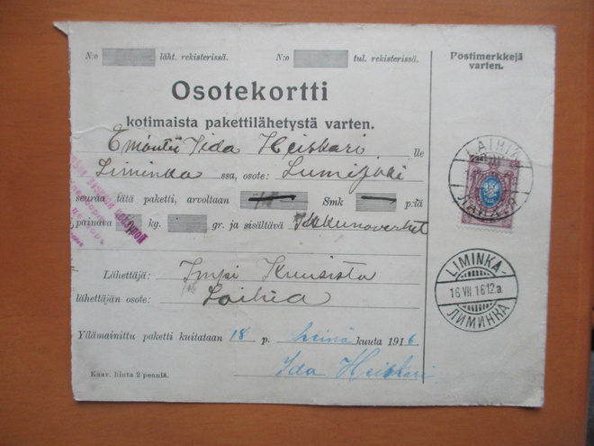 1916 Laihia sens osoitekortti Liminkaan