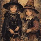 Halloween kaksi tyttöä ja kaksi kissaa - pikkukuva 1