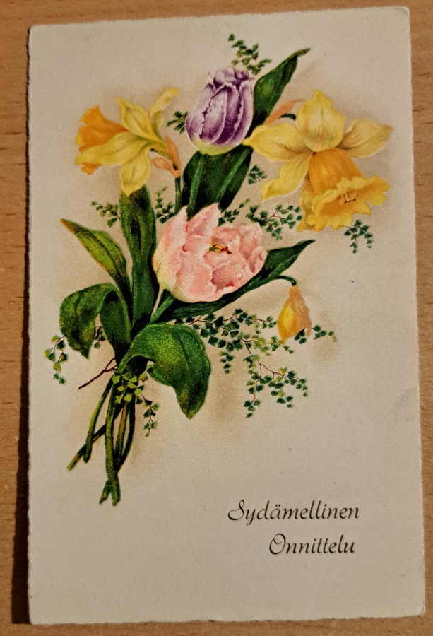 kukkakortti, kimppu.  kulkenut käsipostissa