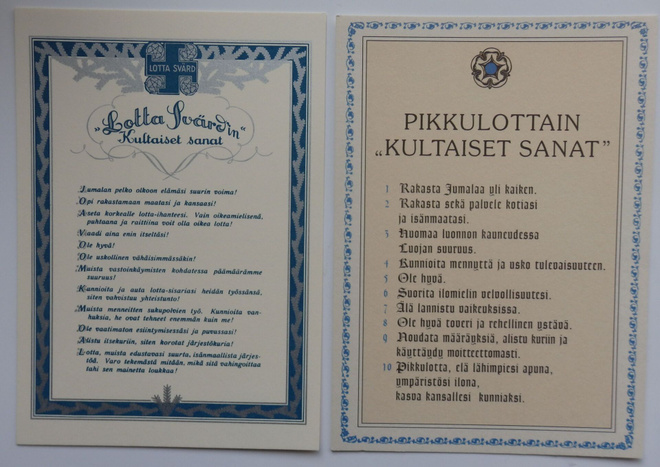 2 kpl Lotta Svärd - aiheisia postikortteja, Kultaiset sanat