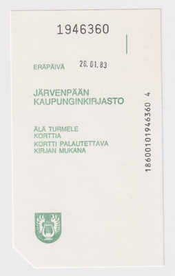Järvenpää: Kaupunginkirjasto - kirjan eräpäivälappu