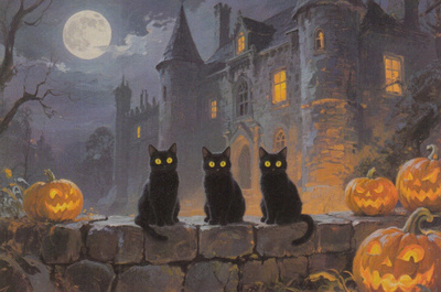 Halloween kolme mustaa kissaa ja kurpitsat