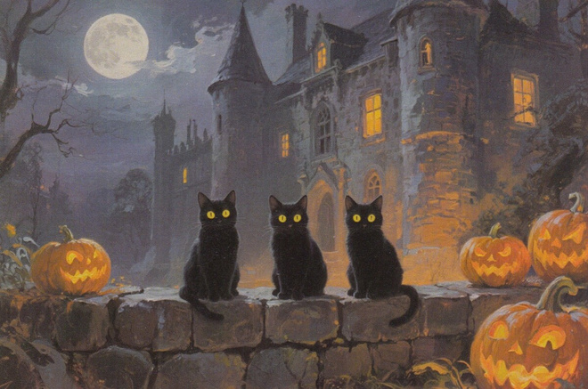 Halloween kolme mustaa kissaa ja kurpitsat