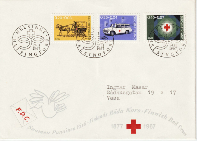 1967 PunaisenRistin merkit FDC-kirjeessä HKI>Vaasa
