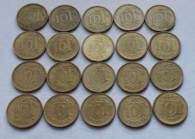10 penniä, kaikki vuodet 1963-1982, 20 kolikkoa. Circ
