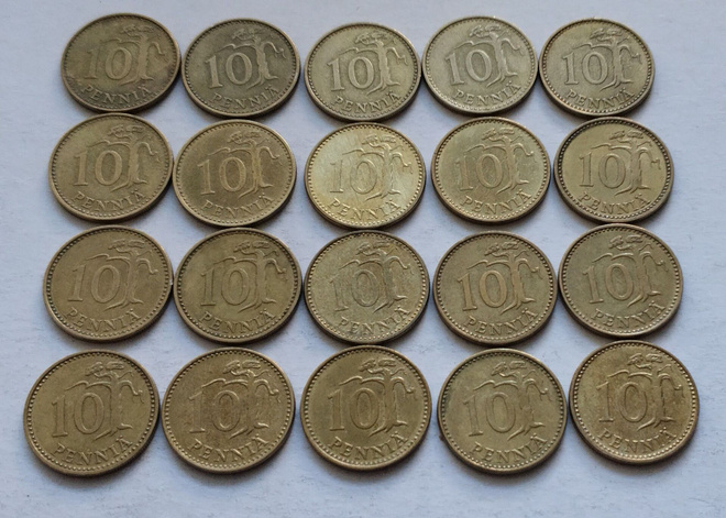 10 penniä, kaikki vuodet 1963-1982, 20 kolikkoa. Circ