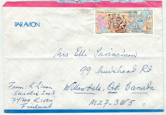 1988 suomalaisasutus Amerikassa kirje Kanadaan