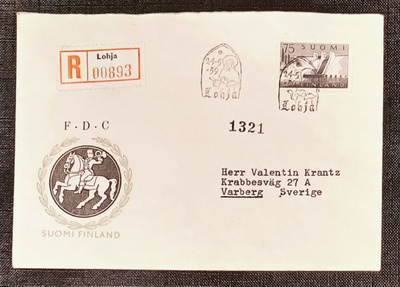 1959 FDC Yleismerkki 75 mk, R-kuori Ruotsiin