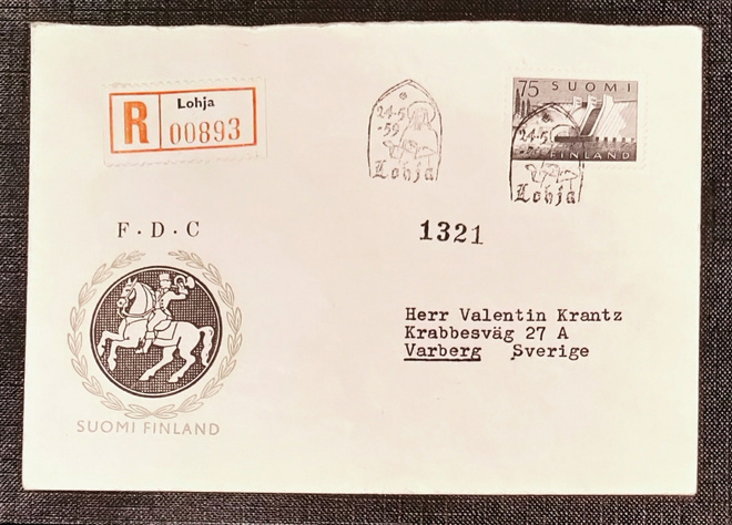 1959 FDC Yleismerkki 75 mk, R-kuori Ruotsiin