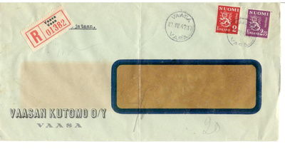Vaasa,  v. 1942  R- firmakuori kotiseutukeräilijälle