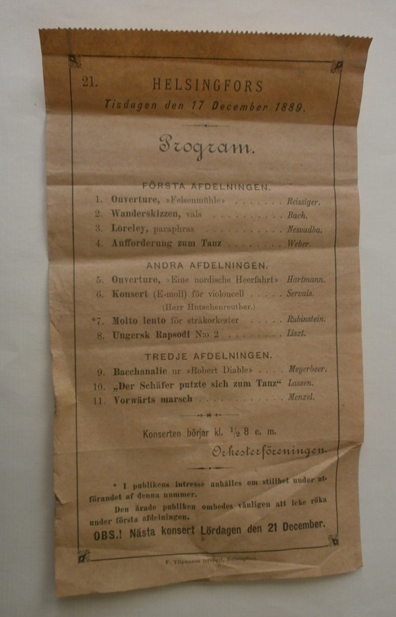 Helsinki, Konserttiohjelma  tiistaina 17.12.1889