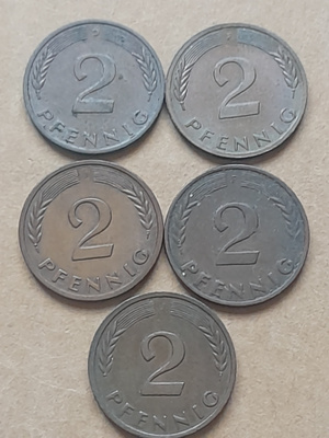 Saksa 2 pfennig kolikkosetti, 5kpl