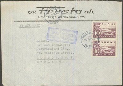 M30 1932 10mk pari lentokirje Englantiin 1946