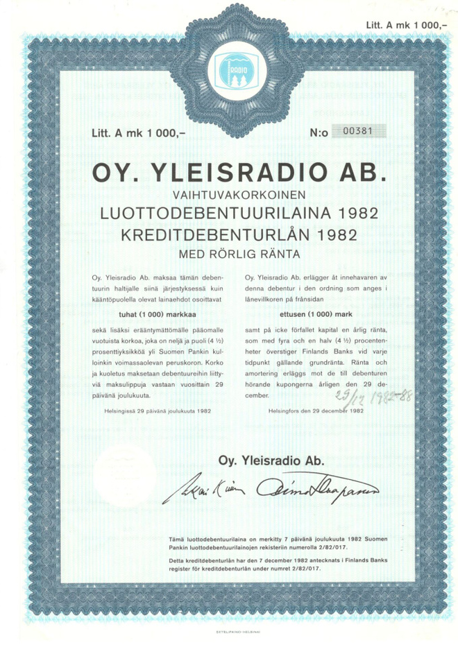 OKK obligaatio Oy Yleisradio Ab 29.12.1982