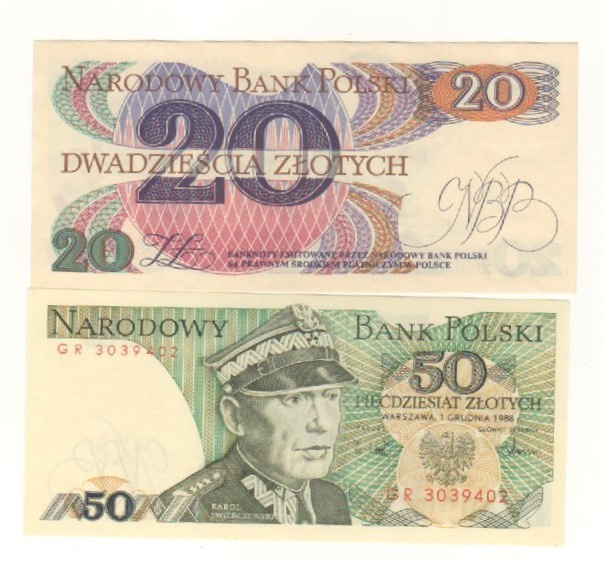 Puola 20 ja 50 Zlot setelit 1982 ja 1988