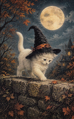 Halloween pieni valkoinen kissa kiviaidan päällä