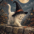 Halloween pieni valkoinen kissa kiviaidan päällä - pikkukuva 1