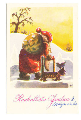 Pukki ja kissa - vanha joulukortti
