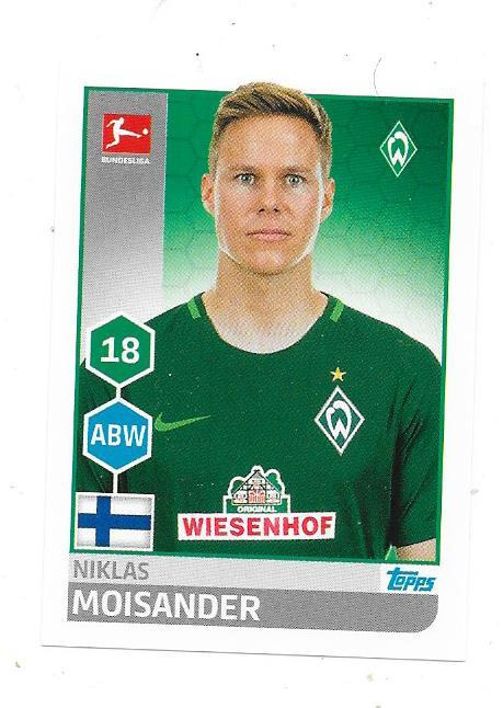 2017-18 Topps Bundesliga tarra #38 Niklas Moisander  Bremen