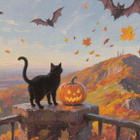 Halloween musta kissa katselee vuorelle - pikkukuva 1