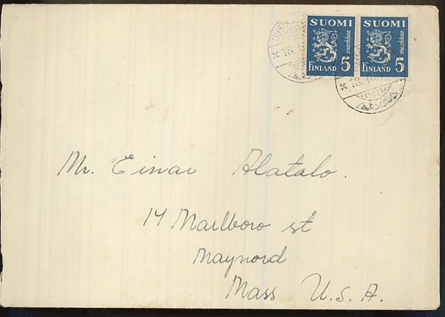 M30 1945 5mk sin.leijona 2 kpl kirje USAhan 18.2.1946