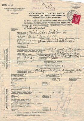 1932 2 mk postipaketin tiedustelulla