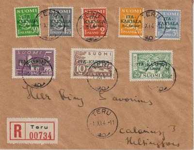 1941 Itä-Karjala vihreän lisäpainaman merkit FDC-kirjeessä