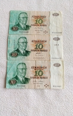 10 markan setelit 1980 vuodelta kolme eri versiota