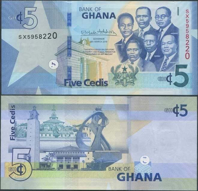 Ghana 5 Cedis 2019 UNC uudet turvatekijät/paperi