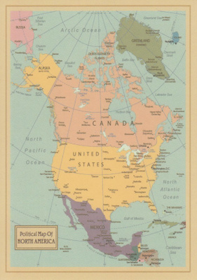 Poliittinen kartta Pohjois-Amerikka (postikortti)