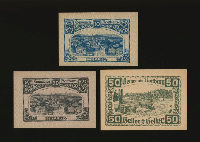 Itävalta Notgeld 10, 20, 50 Heller, Roitham 1920