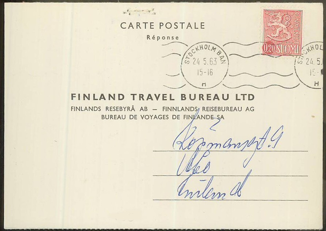 1963 20p vastauskortti Ruotsista