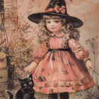 Halloween lapsi vaaleanpunaisessa asussa, musta kissa - pikkukuva 1