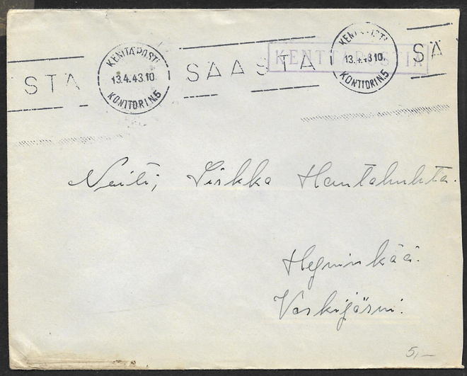 Kenttäposti - Kenttäpostia + KPK 5 13.4.1943
