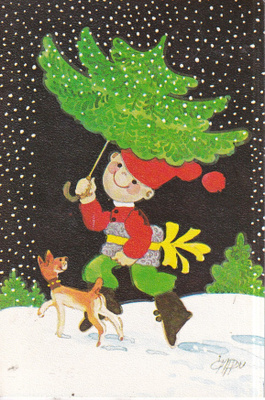 Omppu. Poika ja koira kuusenhaku, e309