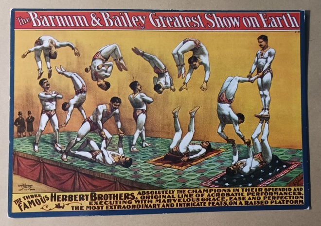 Barnum & Baileyn juliste - akrobaatteja, temppuja, käyt.