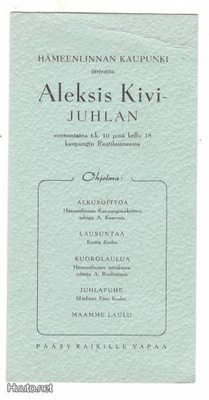 HÄMEENLINNA: Aleksis Kivi-juhlan ohjelma (1940-1950 luku)