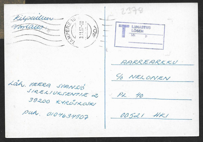 Postilähetys - Lunastusleima + Tampere 3.11.1997