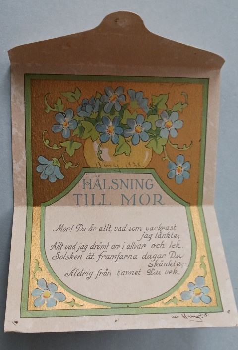 Äitienpäiväkortti, kultaa, kukkia, runo, taittopk, kulk.