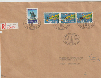 ERIKOISLEIMA , HANKO 100 V, Kirjattu kirje 10.1.1974