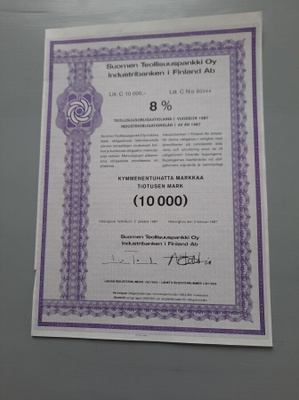 obligaatio Suomen Teollisuuspankki oy 10.000/ 8% 1987
