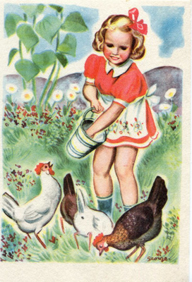 Lapsi - Tyttö ruokkii kanoja - Kortti 1940-50-luvulta