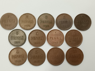 5 Penniä 1867 - 1917 13kpl