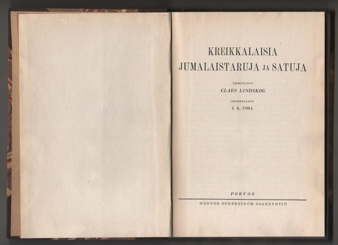 Kreikkalaisia jumalaistaruja ja satuja, WSOY 1928, sid., K3+