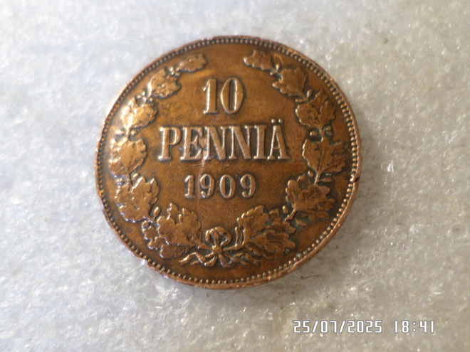 10  penniä   1909 kulkematon  hieman patinoitunut,kl 9