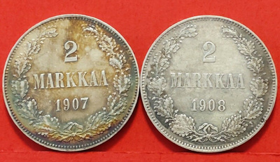 2 mk 1907 ja 1908, Hyvä vuosi. Kunto ok patinaa likaa. (KD5)