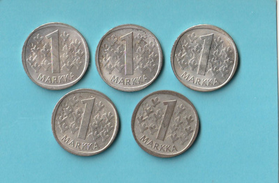 Hopeaa sisältävät 1-markat, 1964,1965, 1966, 1967, 1968